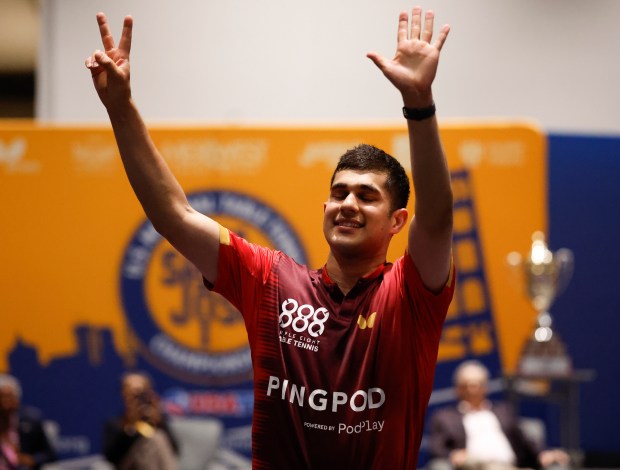 Kanak Jha celebrates his win against Nikhil Kumar, Jha's seventh title, for the men's singles final for the 2026 U.S. National Table Tennis Championships at the San Jose McEnery Center in San Jose, Calif., on Wednesday, July 8, 2026. (Nhat V. Meyer/Bay Area News Group)