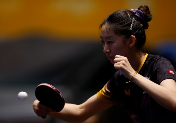 Amy Wang returns the ball against Sally Moyland during the women's singles final for the 2026 U.S. National Table Tennis Championships at the San Jose McEnery Center in San Jose, Calif., on Wednesday, July 8, 2026. (Nhat V. Meyer/Bay Area News Group)