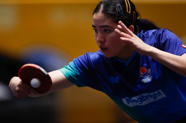 Sally Moyland returns the ball against Amy Wang during the women's singles final for the 2026 U.S. National Table Tennis Championships at the San Jose McEnery Center in San Jose, Calif., on Wednesday, July 8, 2026. (Nhat V. Meyer/Bay Area News Group)