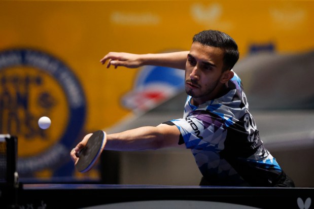 Nikhil Kumar returns the ball against Kanak Jha during the men's singles final for the 2026 U.S. National Table Tennis Championships at the San Jose McEnery Center in San Jose, Calif., on Wednesday, July 8, 2026. (Nhat V. Meyer/Bay Area News Group)