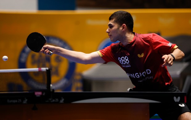 Kanak Jha returns the ball against Nikhil Kumar during the men's singles final for the 2026 U.S. National Table Tennis Championships at the San Jose McEnery Center in San Jose, Calif., on Wednesday, July 8, 2026. (Nhat V. Meyer/Bay Area News Group)