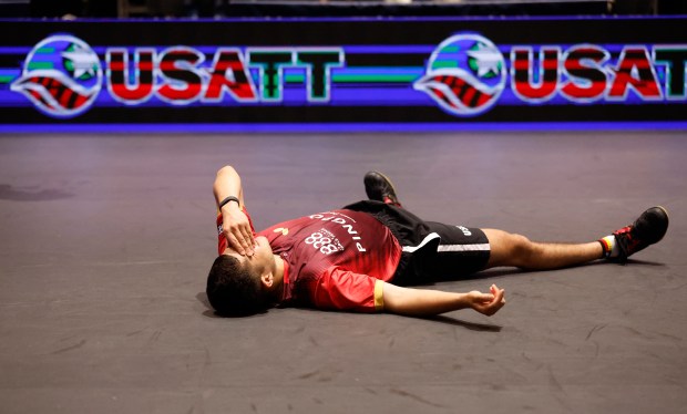 Kanak Jha reacts after beating Nikhil Kumar 4-3 for the men's singles final for the 2026 U.S. National Table Tennis Championships at the San Jose McEnery Center in San Jose, Calif., on Wednesday, July 8, 2026. (Nhat V. Meyer/Bay Area News Group)