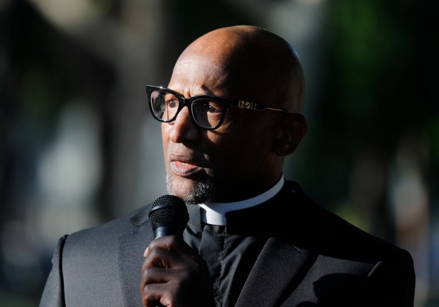 SAN JOSE, CALIFORNIA - MAY 26: Rev. Ray Montgomery, with People Acting in Community Together, speaks during a vigil for victims of the mass shooting at the VTA light rail yard at St. James Park in San Jose, Calif., on Wednesday, May 26, 2021. (Nhat V. Meyer/Bay Area News Group)