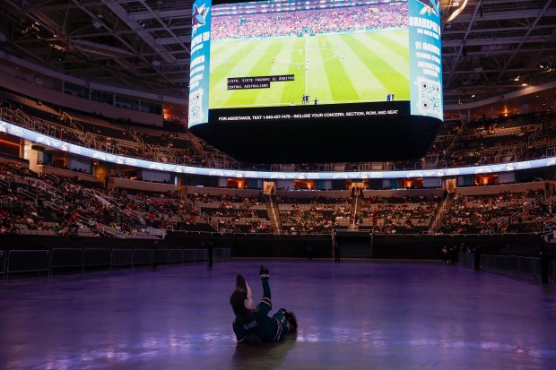 San Jose Sharks mascot S.J. Sharkie watches the Mexico versus England Round of 16 match in the first half for the FIFA World Cup at the Soccer Celebration presented by the San José Sports Authority at the SAP Center in San Jose, Calif., on Sunday, July 5, 2026. (Nhat V. Meyer/Bay Area News Group)