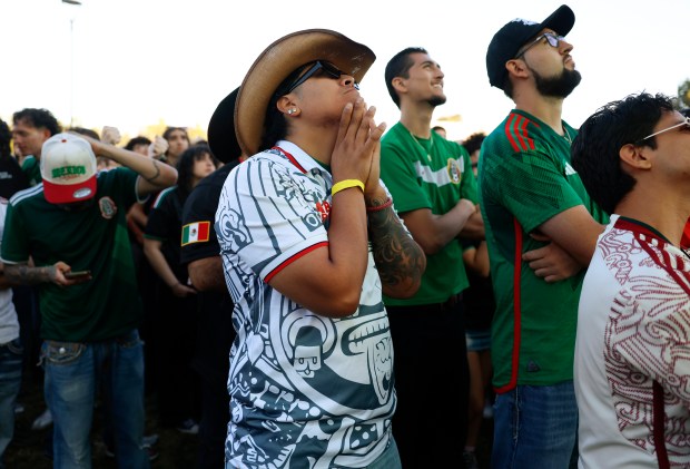 Mexico soccer fans watch the Mexico versus England Round of 16 match in the second half for the FIFA World Cup at the Soccer Celebration presented by El Camino, hosted by the San Jose Earthquakes and San José Sports Authority at the Discovery Meadow in San Jose, Calif., on Sunday, July 5, 2026. (Nhat V. Meyer/Bay Area News Group)