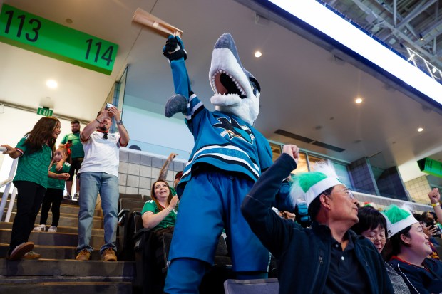 San Jose Sharks mascot S.J. Sharkie waves a noise maker during the Mexico versus England Round of 16 match in the first half for the FIFA World Cup at the Soccer Celebration presented by the San José Sports Authority at the SAP Center in San Jose, Calif., on Sunday, July 5, 2026. (Nhat V. Meyer/Bay Area News Group)