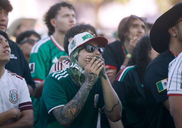 Mexico soccer fans watch the Mexico versus England Round of 16 match in the second half for the FIFA World Cup at the Soccer Celebration presented by El Camino, hosted by the San Jose Earthquakes and San José Sports Authority at the Discovery Meadow in San Jose, Calif., on Sunday, July 5, 2026. (Nhat V. Meyer/Bay Area News Group)