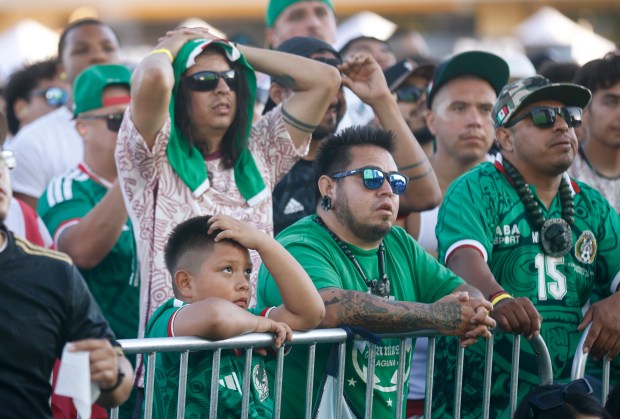 Mexico soccer fans watch the Mexico versus England Round of 16 match in the second half for the FIFA World Cup at the Soccer Celebration presented by El Camino, hosted by the San Jose Earthquakes and San José Sports Authority at the Discovery Meadow in San Jose, Calif., on Sunday, July 5, 2026. (Nhat V. Meyer/Bay Area News Group)
