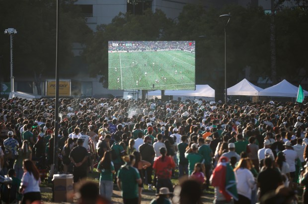 Soccer fans watch the Mexico versus England Round of 16 match in the second half for the FIFA World Cup at the Soccer Celebration presented by El Camino, hosted by the San Jose Earthquakes and San José Sports Authority at the Discovery Meadow in San Jose, Calif., on Sunday, July 5, 2026. (Nhat V. Meyer/Bay Area News Group)