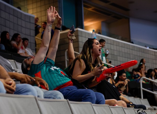 Soccer fans react to a play as they watch the Mexico versus England Round of 16 match in the first half for the FIFA World Cup at the Soccer Celebration presented by the San José Sports Authority at the SAP Center in San Jose, Calif., on Sunday, July 5, 2026. (Nhat V. Meyer/Bay Area News Group)