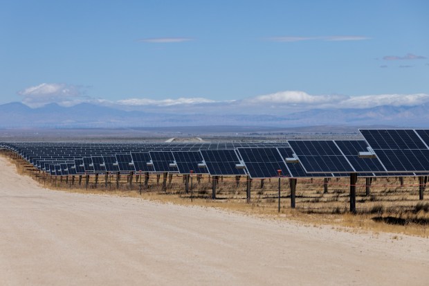 Solar arrays at the Aratina 1 utility-scale storage project in eastern Kern County by San Diego-based renewable energy company Avantus. The company recently announced phase two of the project. The facility will deliver a combined total of 350 megawatts of solar power generation capacity and 952 megawatt-hours of battery storage. (Avantus)
