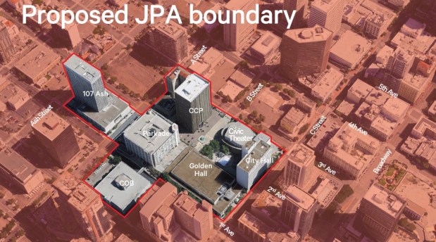 The proposed Civic Center redevelopment area includes the City Administration Building (aka City Hall), the Civic Center Plaza office tower, Golden Hall, the Evan V. Jones Parkade parking garage and the Civic Theatre. The boundary extends across the street to the City Operations Building and includes the block at 101 Ash St. (referred to as 107 Ash). (U3 Advisors)