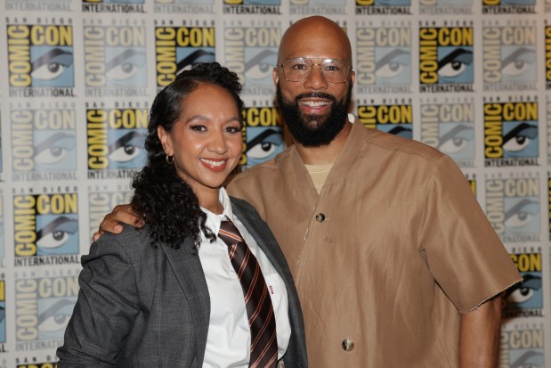 Alexandria Riley, left, and Common arrive at the Apple TV press line to promote "Silo" during Comic-Con International on Saturday, July 25, 2026, in San Diego. (Photo by Andrew Park/Invision/AP)