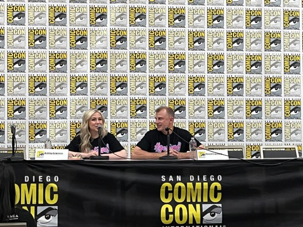 Ashley Eckstein and her husband David Eckstein at a panel in 29AB about the HypeFriend podcast and the each of their upcoming books. (Abby Hamblin / The San Diego Union-Tribune)
