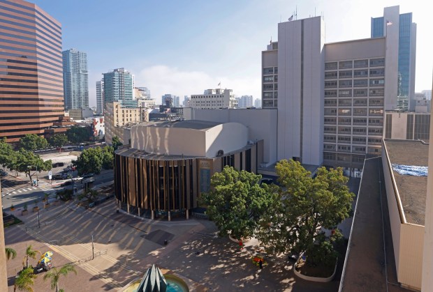 The Civic Theatre, concourse and City Administration Building at the Civic Center. Wells Fargo Plaza, which is owned by the Prebys Foundation, is pictured on the left. (K.C. Alfred / The San Diego Union-Tribune)