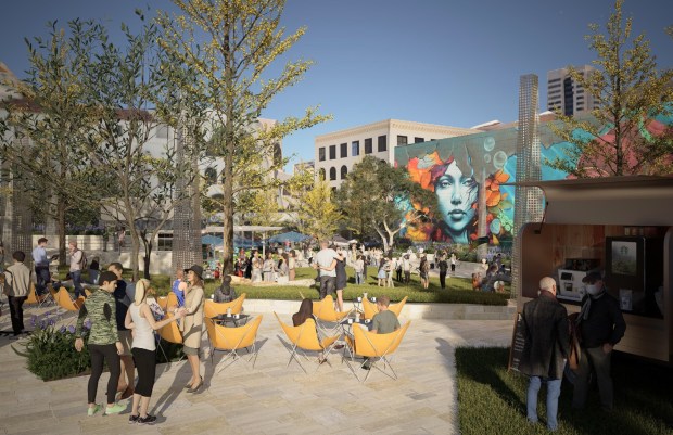 A rendering of Horton Plaza Park, as seen looking toward the Bradley Building and Horton Plaza. (City of San Diego)