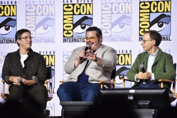 Josh Greenbaum, from left, Josh Gad, and Rick Moranis attend a panel for "Spaceballs: The New One" during Comic-Con International on Friday, July 24, 2026, in San Diego. (Photo by Richard Shotwell/Invision/AP)
