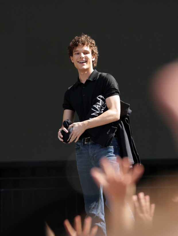 Mason Thames joins Green Day to surprise fans to promote their new film "Nimrods" during 2026 Comic-Con International: San Diego at Petco Park on July 24, 2026 in San Diego, California. (Photo by Matt Winkelmeyer/Getty Images)