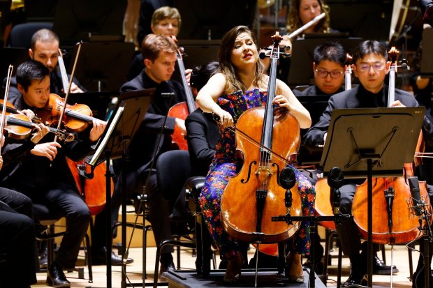 Alisa Weilerstein, center, performs during the opening concert in the San Diego Symphony's 2024/2025 season at Jacobs Music Center on Saturday, Sept. 28, 2024 in San Diego, CA. (Meg McLaughlin / The San Diego Union-Tribune)
