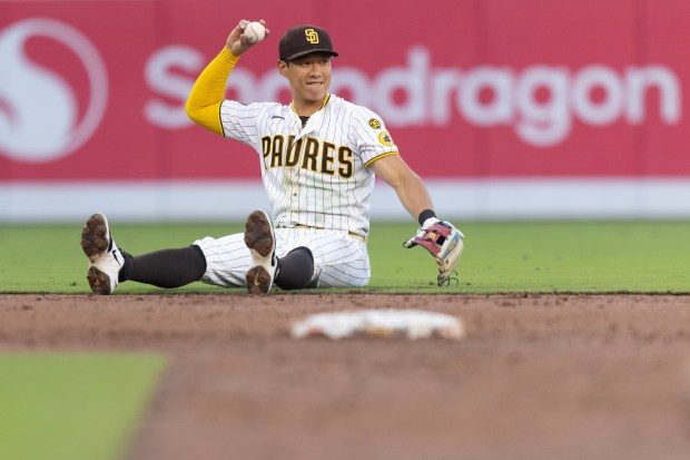 San Diego, CA - San Diego Padres shortstop Sung-Mun Song, 24, throws the ball after making a diving play during the game against the Arizona Diamondbacks Monday, July 6, 2026, at Petco Park in San Diego, CA. (Luke Johnson / The San Diego Union-Tribune)