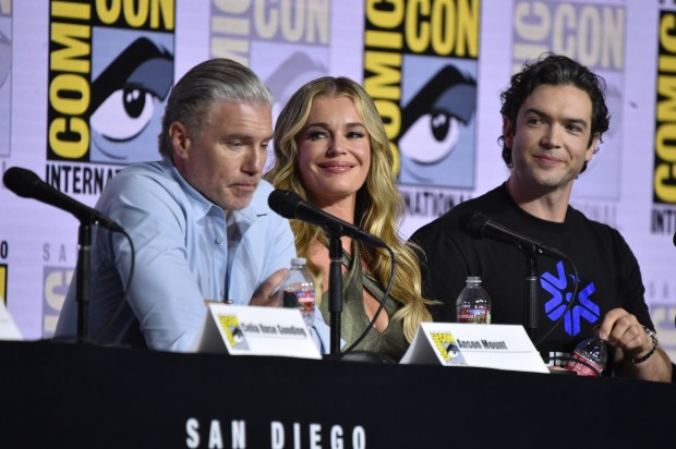 Anson Mount, from left, Rebecca Romijn, and Ethan Peck attend a panel for "Star Trek" universe during Comic-Con International on Saturday, July 25, 2026, in San Diego. (Photo by Richard Shotwell/Invision/AP)