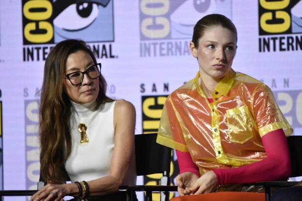 Michelle Yeoh, left, and Hunter Schafer attend a panel for "Blade Runner 2099" during Comic-Con International on Friday, July 24, 2026, in San Diego. (Photo by Richard Shotwell/Invision/AP)