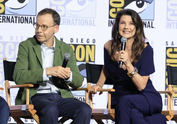 (L-R) Rick Moranis and Daphne Zuniga speak at the "Spaceballs" The Comic-Con Hall H panel during 2026 Comic-Con International: San Diego at San Diego Convention Center on July 24, 2026 in San Diego, California. (Photo by Amy Sussman/Getty Images)