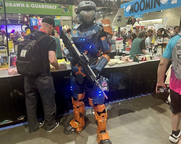 Christopher Loomis from Denver, Colorado, as a Spartan cosplayer from the video game "Halo" at Comic-Con. (Maya Santiago / The San Diego Union-Tribune)