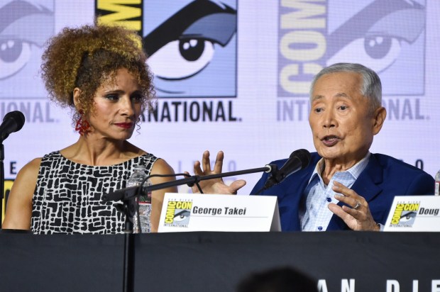 Michelle Hurd, left, and George Takei attend a panel for "Star Trek" universe during Comic-Con International on Saturday, July 25, 2026, in San Diego. (Photo by Richard Shotwell/Invision/AP)