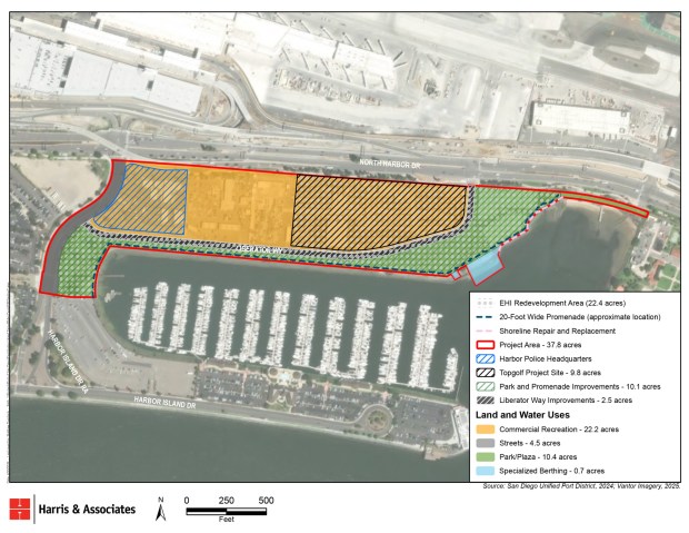 The figure, included in the draft environmental impact report, depicts the project area and identifies the location of the proposed Topgolf facility. (Port of San Diego)