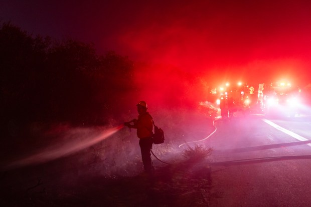 Boulevard, CA - Crews battle the Thorn Fire off of Ribbonwood Road north of I-8, which has grown rapidly on Wednesday, July 15, 2026, in Boulevard, CA. The (Luke Johnson / The San Diego Union-Tribune)