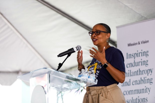 San Diego, California - Mesa College president Ashanti Hands speaks during the San Diego Foundation's annual scholarship celebration at the San Diego Zoo on Saturday, July 25, 2026. This year, more than 1,000 students received over $5.6 million in scholarships.(Kristian Carreon / The San Diego Union-Tribune)