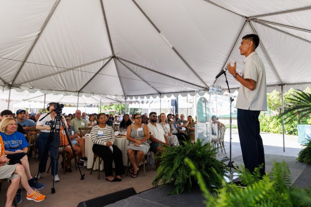 San Diego, California - Scholarship recipient Obidullah Mahmoodi speaks during the San Diego Foundation's annual celebration at the San Diego Zoo on Saturday, July 25, 2026. Obidullah, who went to Hoover High School, will be attending UC Irvine. (Kristian Carreon / The San Diego Union-Tribune)