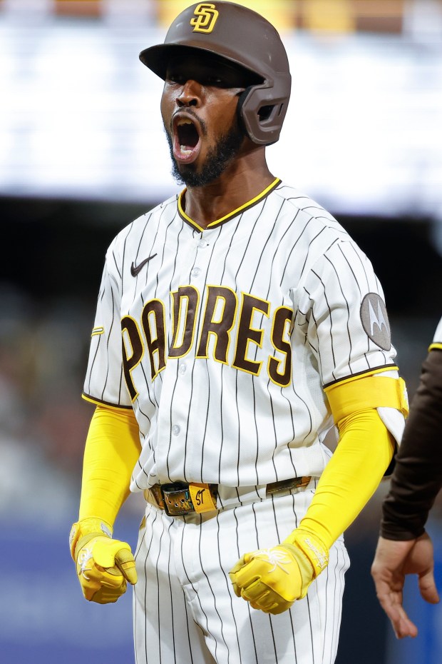 Samad Taylor #0 of the San Diego Padres celebrates after a single during the tenth inning against the Cincinnati Reds at Petco Park on Tuesday, June 9, 2026 in San Diego, California. (Meg McLaughlin / The San Diego Union-Tribune)