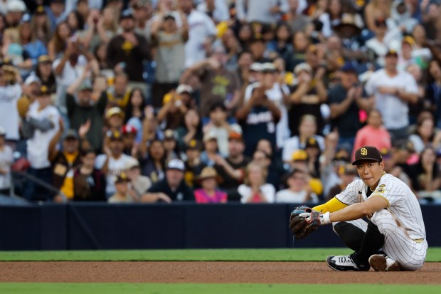 Sung-Mun Song #24 of the San Diego Padres smiles after a catch against the Toronto Blue Jays during the fourth inning at Petco Park on Saturday, July 11, 2026 in San Diego, California. (Meg McLaughlin / The San Diego Union-Tribune)