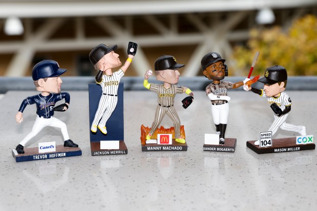 Bobble heads part of the Padres' 2026 promotional giveaways at Petco Park on Thursday, Jan. 22, 2026 in San Diego, California. A City Connect Fernando Tatis' bobblehead will also be included. (Meg McLaughlin / The San Diego Union-Tribune)