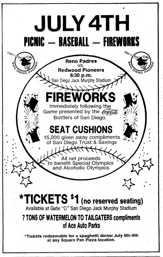 The Padres charged fans $1 to attend a July 4, 1981 minor-league game at San Diego Jack Murphy Stadium. More than 37,000 fans attended. (Andy Strasberg)