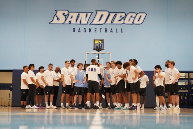 USD men's basketball coach JR Blount addresses his players during a recent early-morning practice on campus. (USD athletics)
