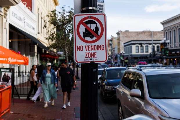 A vending restriction sign is displayed in Gaslamp Quarter in downtown Diego on Friday, July 3, 2026. (Kristian Carreon / The San Diego Union-Tribune)
