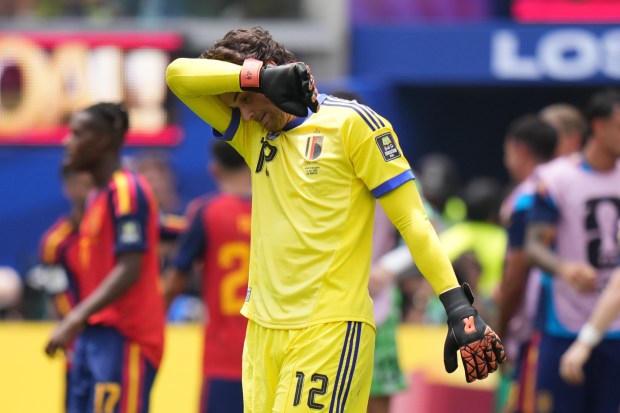 Belgium goalkeeper Senne Lammens reacts after Spain's Mikel Merino scored a late goal for a 2-1 win in their World Cup quarterfinal in Inglewood. (AP Photo/ Jae C. Hong)