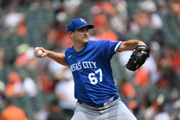 Kansas City Royals pitcher Seth Lugo (67) delivers a pitch in a MLB baseball game on Sunday, July 12, 2026 in Baltimore, Md. (AP Photo/Gail Burton)