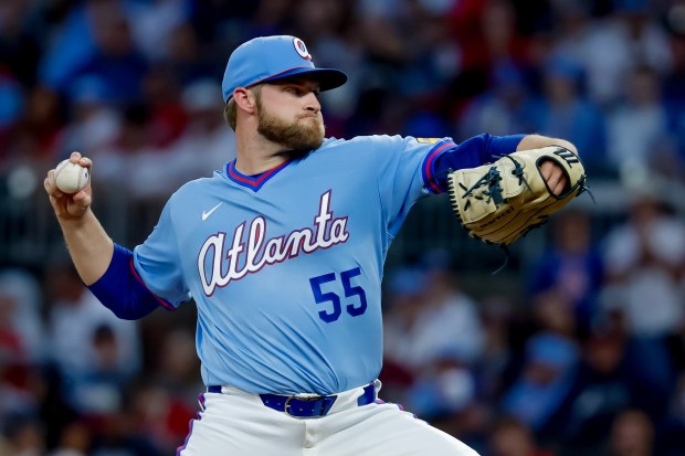 Atlanta Braves starting pitcher Bryce Elder (55) delivers to a Philadelphia Phillies batter during the first inning of a baseball game, Saturday, April 25, 2026, in Atlanta. (AP Photo/Erik S. Lesser)
