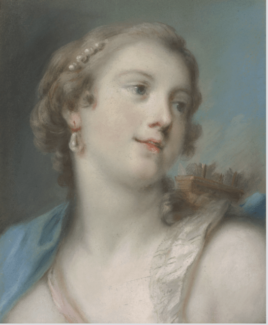 A classical-style portrait of a woman with light skin, pearl earrings, and a ship in her hair, gazing to the side against a soft blue background—perfect for museums seeking elegant and imaginative artwork.