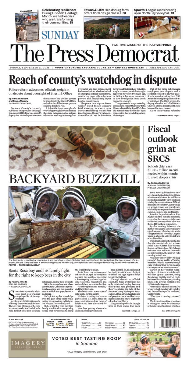 Sept. 21, 2026 front page of The Press Democrat