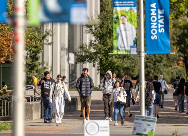 Sonoma State University students walk to class Thursday morning, Sept. 18, 2025 in Rohnert Park.  (John Burgess / The Press Democrat)