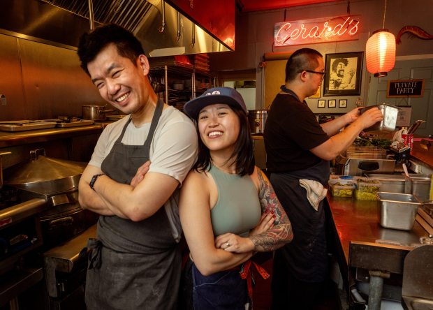 Bazaar Sonoma restaurant owners Jenny Phan and Sean Quan are grateful for the community support Thursday, Oct. 16, 2025 after a fire closed their Forestville restaurant. BASO now operates in a temporary location offered by friend Gerard Nebesky who used it as an extra kitchen for his Gerard's Paella Catering. (John Burgess / The Press Democrat)