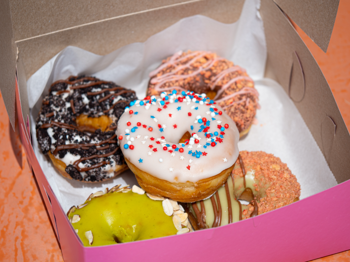 a box of colorful donuts