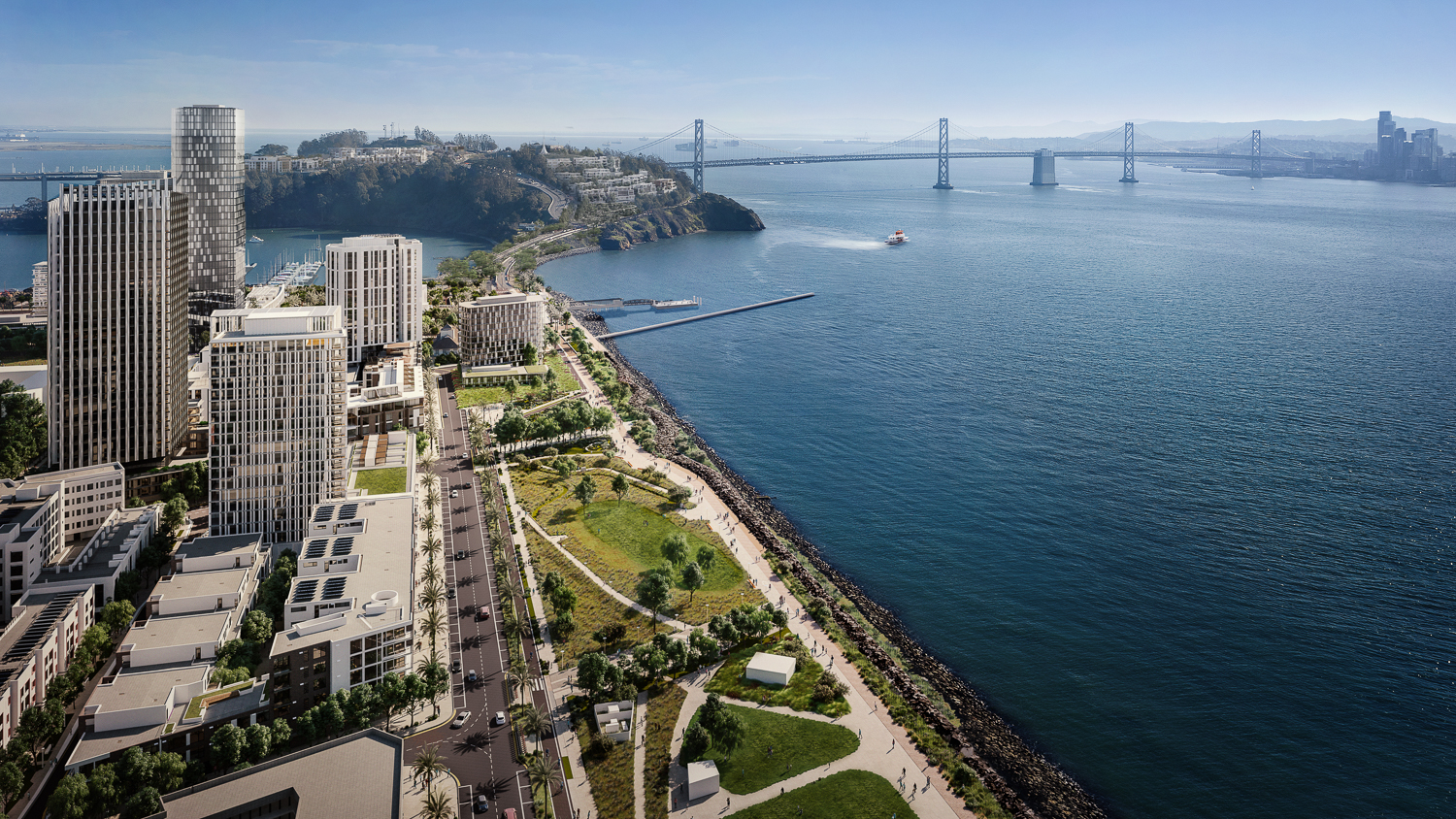 Treasure Island full build-out view looking toward Yerba Buena Island, rendering by Hayes Davis