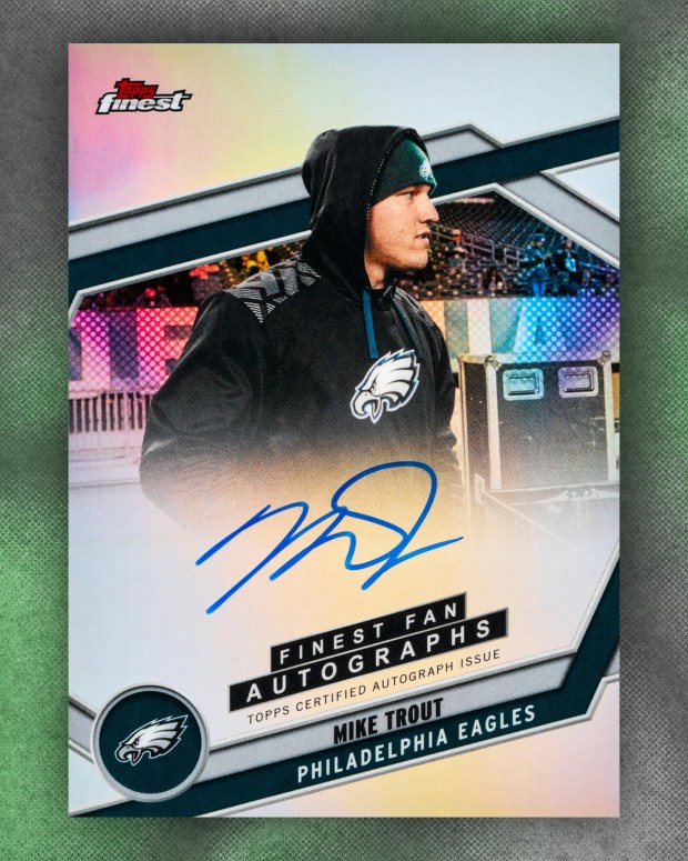 Los Angeles Angels outfielder Mike Trout appears on a Topps NFL trading card dressed in Philadelphia Eagles gear. The card was released May 1, 2026. (Courtesy: Topps)