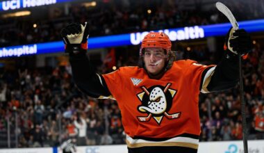 Nov 26, 2025; Anaheim, California, USA; Anaheim Ducks center Leo Carlsson (91) gestures after scoring during the second period against the Vancouver Canucks at Honda Center. Mandatory Credit: William Liang-Imagn Images